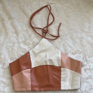 Patchwork Leather Crop Top - Orange and Cream